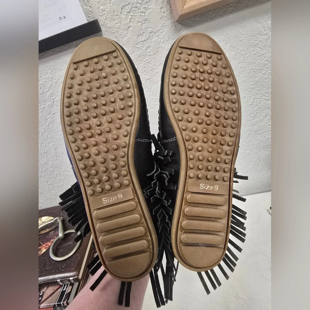 L&B Lucky & Blessed Slip On Moccisan Leather Fringe with Leopard cowhide Size 9 - Picture 7 of 7